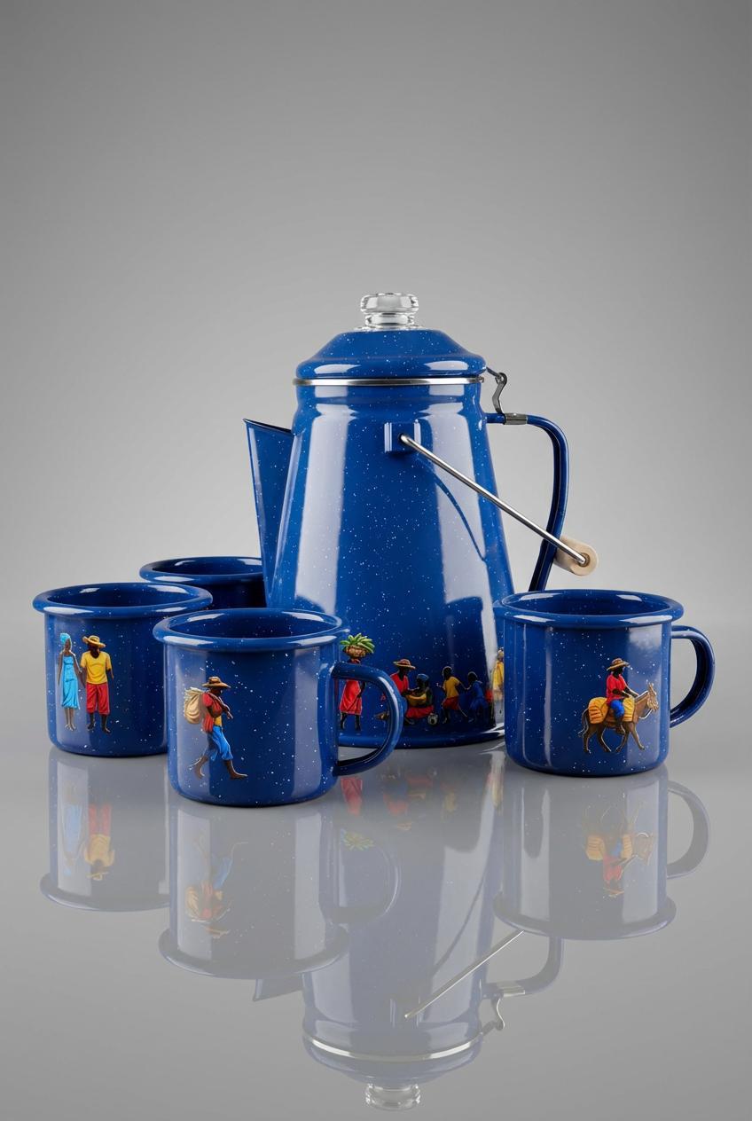 Enamel percolator coffee pot and mug set