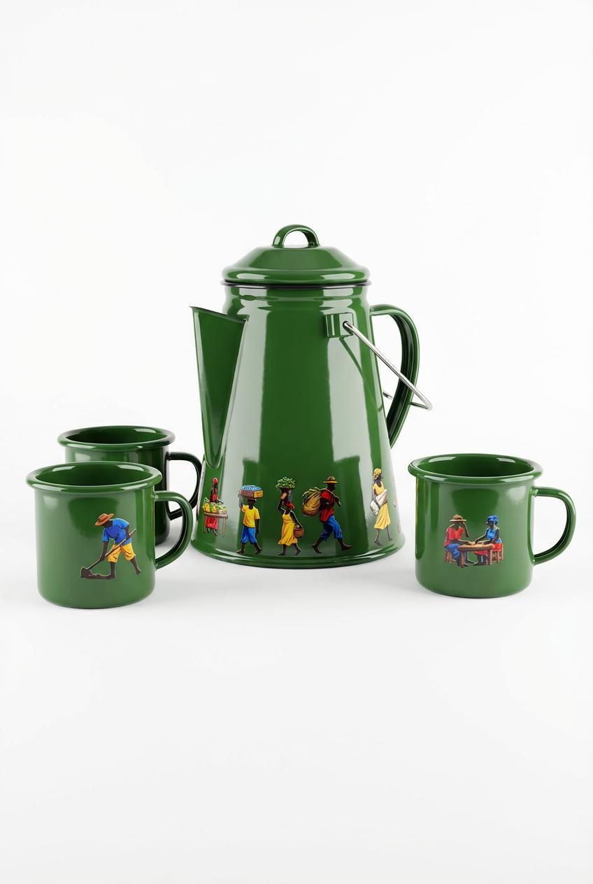 Enamel percolator coffee pot and mug set
